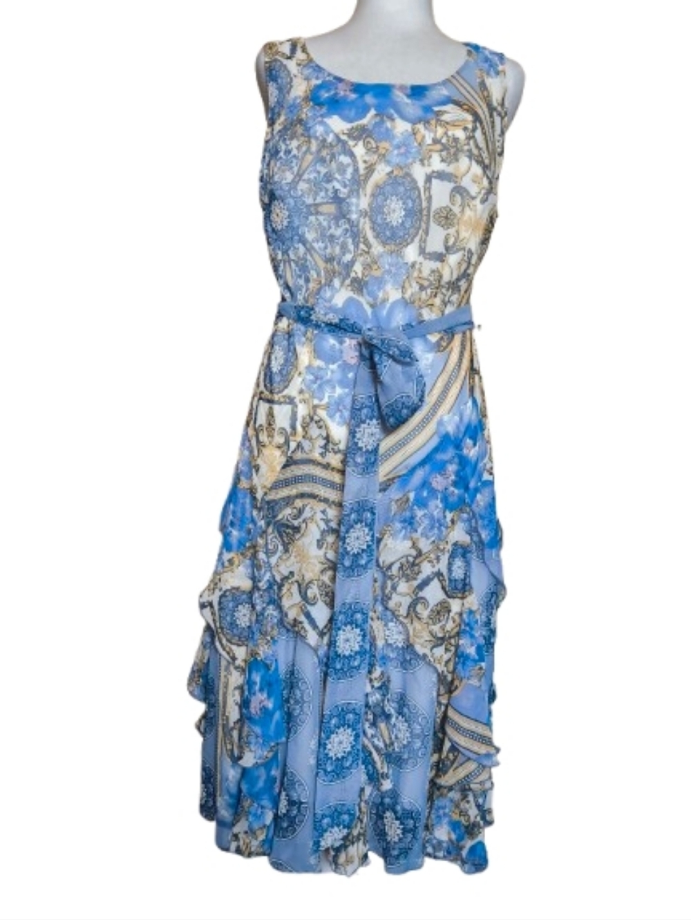 Robbie Bee Sleeveless Blue & Cream Paisley Hankercheif Midi Dress with Tie Waist